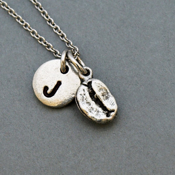 Tiny Coffee bean necklace, coffee bean charm, initial necklace, initial hand stamped, personalized, antique silver, monogram