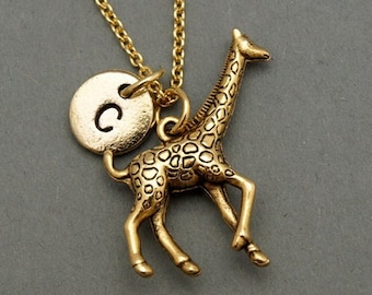 Large Giraffe necklace, antique gold, initial necklace, initial hand stamped, personalized, monogram