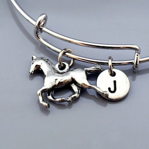 Horse bangle, Horse bracelet, Silver horse bracelet, Expandable bangle, Personalized bracelet, Charm bangle, Monogram, Initial bracelet