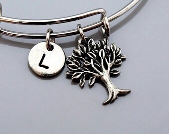 Tree of life bangle, Family Tree bracelet, Tree of life bracelet, Silver tree of life charm, Silver family tree charm, Initial bracelet