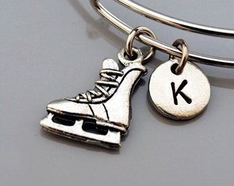 Pulsera con patines de hockey sobre hielo, pulsera con dije de patines de hockey sobre hielo, jugador de hockey sobre hielo, pulsera expandible, pulsera personalizada, pulsera con inicial