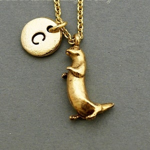 Otter charm necklace, sea otter, antique gold, initial necklace, initial hand stamped, personalized, monogram