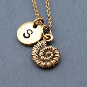 Nautilus necklace, Nautilus Shell charm, initial necklace, initial hand stamped, personalized, antique gold, monogram