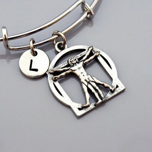 Vitruvian Man by Leonardo da Vinci, Vitruvian man bangle, Vitruvian Man charm bracelet, Charm bangle, Monogram, Initial bracelet