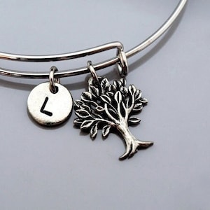 Tree of life bangle, Family Tree bracelet, Tree of life bracelet, Silver tree of life charm, Silver family tree charm, Initial bracelet