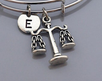 Scales of Justice Bangle, Scale charm bracelet, Libra scale, Scale charm, Expandable bangle, Charm bangle, Monogram, Initial bracelet