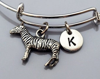 Zebra charm bangle, Zebra charm bracelet, Zebra jewelry, Expandable bangle, Personalized bracelet, Charm bangle, Monogram, Initial bracelet