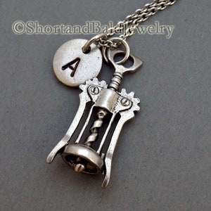 Wine Bottle Opener necklace, Silver Cork Screw, Silver wine screw, Silver wine bottle opener, Silver Corkscrew, initial necklace, monogram