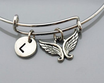 Angel Heart wings bangle, Angel wing bracelet, Guardian angel, Expandable bangle, Personalized bracelet, Charm bangle, Initial bracelet