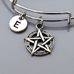 Pentagram Bangle, pentangle, star pentagon, Silver pentagram charm bangle, Expandable bangle, Personalized bracelet, Charm bangle, Monogram