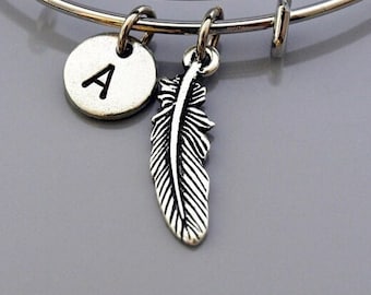 Feather bangle, Feather bracelet, Small Feather, Expandable bangle, Personalized bracelet, Charm bangle, Monogram, Initial bracelet