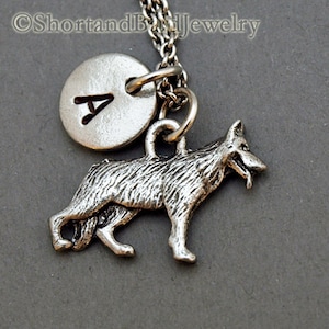 German Shepherd necklace, Alsatian, dog charm, German Shepherd charm, initial necklace, personalized, antique silver, monogram