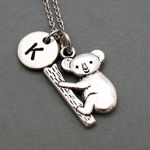 Koala Necklace, Koala bear necklace, initial necklace, initial hand stamped, personalized, antique silver, monogram