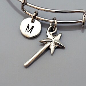 Magic wand Bangle, Magic Wand charm bracelet, Fairy wand charm, fairy godmother wand, silver wand, Expandable bangle, Initial bracelet