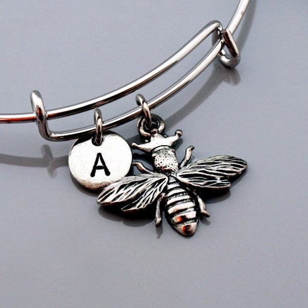 Queen Bee Bangle, Queen bee bracelet, Queen bee charm, Silver queen bee, Expandable bangle, Personalized bracelet, Initial bracelet