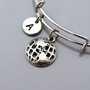Globe bangle, World Globe bracelet, Earth charm, Silver world globe, silver earth, Earth day, Expandable bangle, Monogram, Initial bracelet