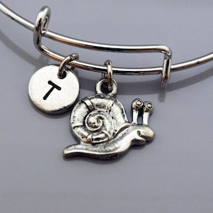 Snail charm bangle, Snail charm bracelet, Snail jewelry, Expandable bangle, Personalized bracelet, Charm bangle, Monogram, Initial bracelet