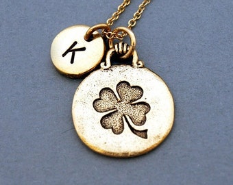 Shamrock necklace, Four Leaf Clover, lucky charm, 4 leaf, initial necklace, hand stamped, personalized, antique gold, monogram