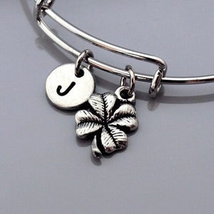 Shamrock Bangle, Four Leaf Clover, lucky charm, 4 leaf, four leaf clover bracelet, good luck charm, Expandable bangle, Initial bracelet