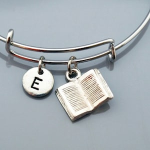 Book charm Bangle, Silver reading book charm bracelet, open book, Novelist, Writer&#39;s bracelet, Expandable charm bangle, Initial bracelet