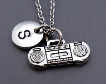 Boombox necklace, Boom box necklace, cassette CD player, retro audio set, radio cassette player, initial necklace, personalized, monogram