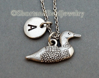 Loon charm Necklace, silver loon charm jewelry, loon bird necklace, divers, initial necklace, initial hand stamped, personalized, monogram