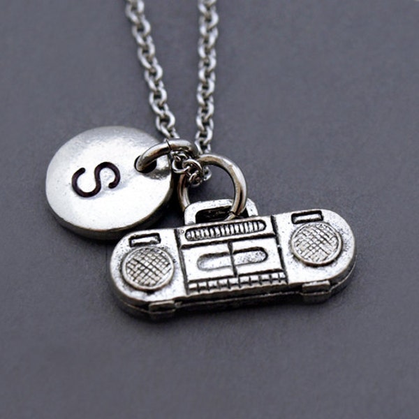 Boombox necklace, Boom box necklace, cassette CD player, retro audio set, radio cassette player, initial necklace, personalized, monogram