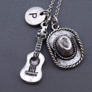 Cowboy hat necklace, Cowgirl hat necklace, Cowboy hat guitar necklace, Guitar necklace, Western theme, best friend necklace, personzlied