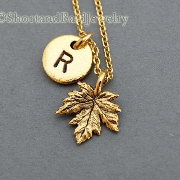 Small Maple leaf charm necklace, Gold maple leaf, Maple tree, antique gold, initial necklace, initial hand stamped, personalized, monogram