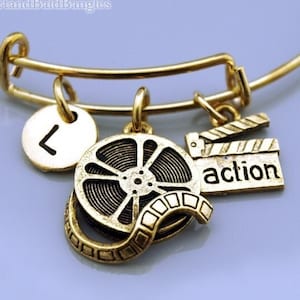 Film reel bracelet, Movie reel bangle, Clapperboard charm, film clapper board, movie clapper, Film student gift, Monogram, Initial bracelet