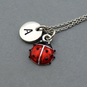 Ladybug necklace, Lady beetle, ladybird, Red ladybug, initial necklace, initial hand stamped, personalized, monogram