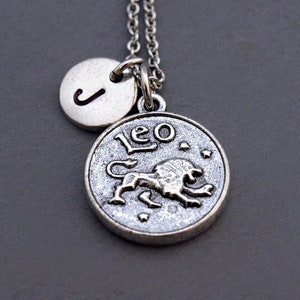 Leo necklace, Leo Zodiac charm Necklace, initial necklace, Silver leo charm, personalized, antique silver, monogram