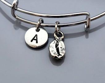 Coffee bean bangle, Tiny coffee bean bracelet, Coffee bean charm jewelry, Expandable bangle, Charm bangle, Monogram, Initial bracelet