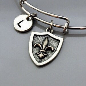 Shield Fleur De Lis, Fleur de lis shield, fleur-de-lys, Expandable bangle, Personalized bracelet, Charm bangle, Monogram, Initial bracelet