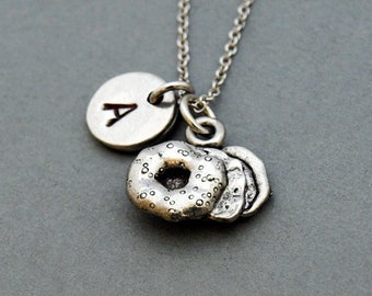 Bagel Necklace, bagels charm, food charm, initial necklace, initial hand stamped, personalized, antique silver, monogram