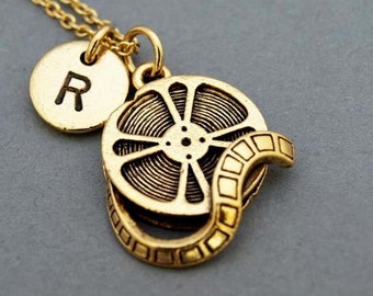 Film Reel Necklace, Movie reel, antique gold, initial necklace, initial hand stamped, personalized, monogram
