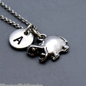 Hippopotamus charm, hippo necklace, initial necklace, initial hand stamped, personalized, antique silver, monogram