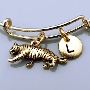 Tiger Bangle, Tiger bracelet, gold Tiger charm jewelry, Expandable bangle, Personalized bracelet, Charm bangle, Monogram, Initial bracelet