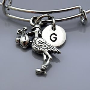 Stork bangle, Stork Baby bracelet, Silver stork, baby shower, Stork carrying baby, Bird charm, Expandable bangle, Monogram, Initial bracelet
