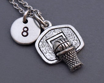 Basketball Hoop necklace, Basketball net, Backboard, sports charm necklace, basketball team number, initial necklace, personalized, monogram