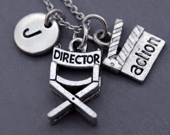 Clapperboard Necklace, Director's chair necklace, film clapper board, movie clapper, film slate, Movie action clapper, initial necklace