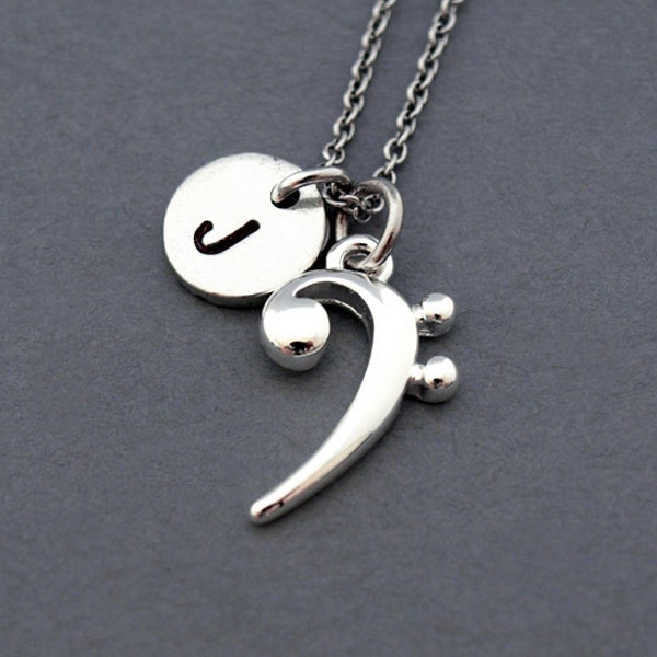 Bass clef necklace, Silver bass clef charm necklace, base clef, music, musician, initial necklace, personalized, antique silver, monogram