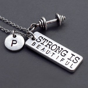 Strong is beautiful necklace, Small Barbell necklace, barbell charm, weightlifting, initial necklace, personalized, monogram