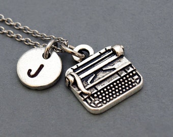 Typewriter necklace, Vintage typewriter , antique silver, initial necklace, initial hand stamped, personalized, monogram