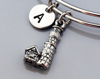 Brazalete con dije de faro, Brazalete con dije de faro, Brazalete expandible, Pulsera personalizada, Brazalete con dije, Monograma, Pulsera con inicial