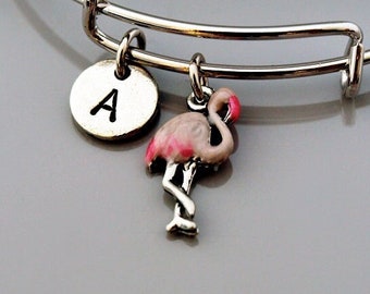 Flamingo charm bangle, Flamingo bracelet, pink hand painted flamingo, Bird, Expandable bangle, Charm bangle, Monogram, Initial bracelet