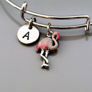 Flamingo charm bangle, Flamingo bracelet, pink hand painted flamingo, Bird, Expandable bangle, Charm bangle, Monogram, Initial bracelet