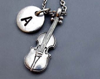 Violin Necklace, string instrument, Music, Violinist, initial necklace, initial hand stamped, personalized, antique silver, monogram
