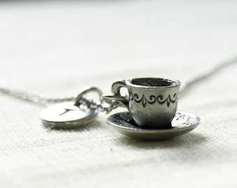 Tea cup and saucer Necklace, tea cup necklace, coffee cup, initial necklace, initial hand stamped, personalized, antique silver, monogram