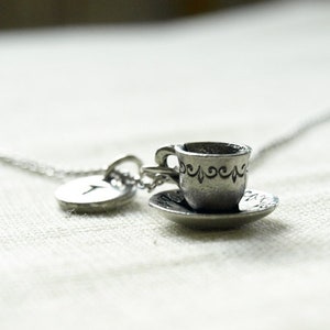 Tea cup and saucer Necklace, tea cup necklace, coffee cup, initial necklace, initial hand stamped, personalized, antique silver, monogram